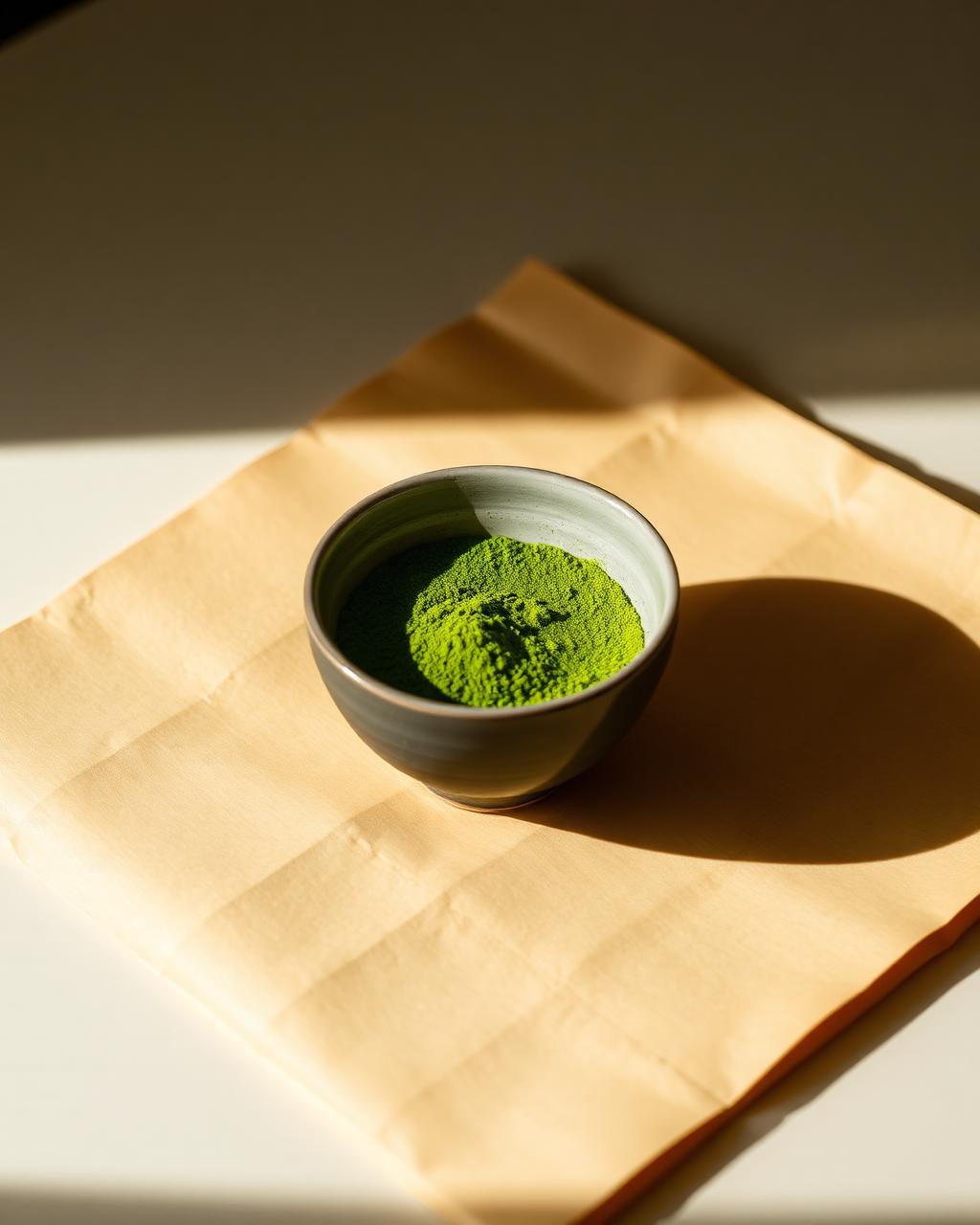 Ceremonial matcha powder in a handmade ceramic chawan resting on warm cream Japanese paper